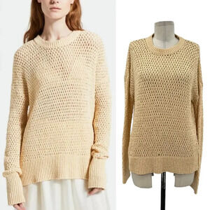 Theory Karenia Crew Neck‎ Open Knit Sweater Crochet Butter Beige Tan Size XS